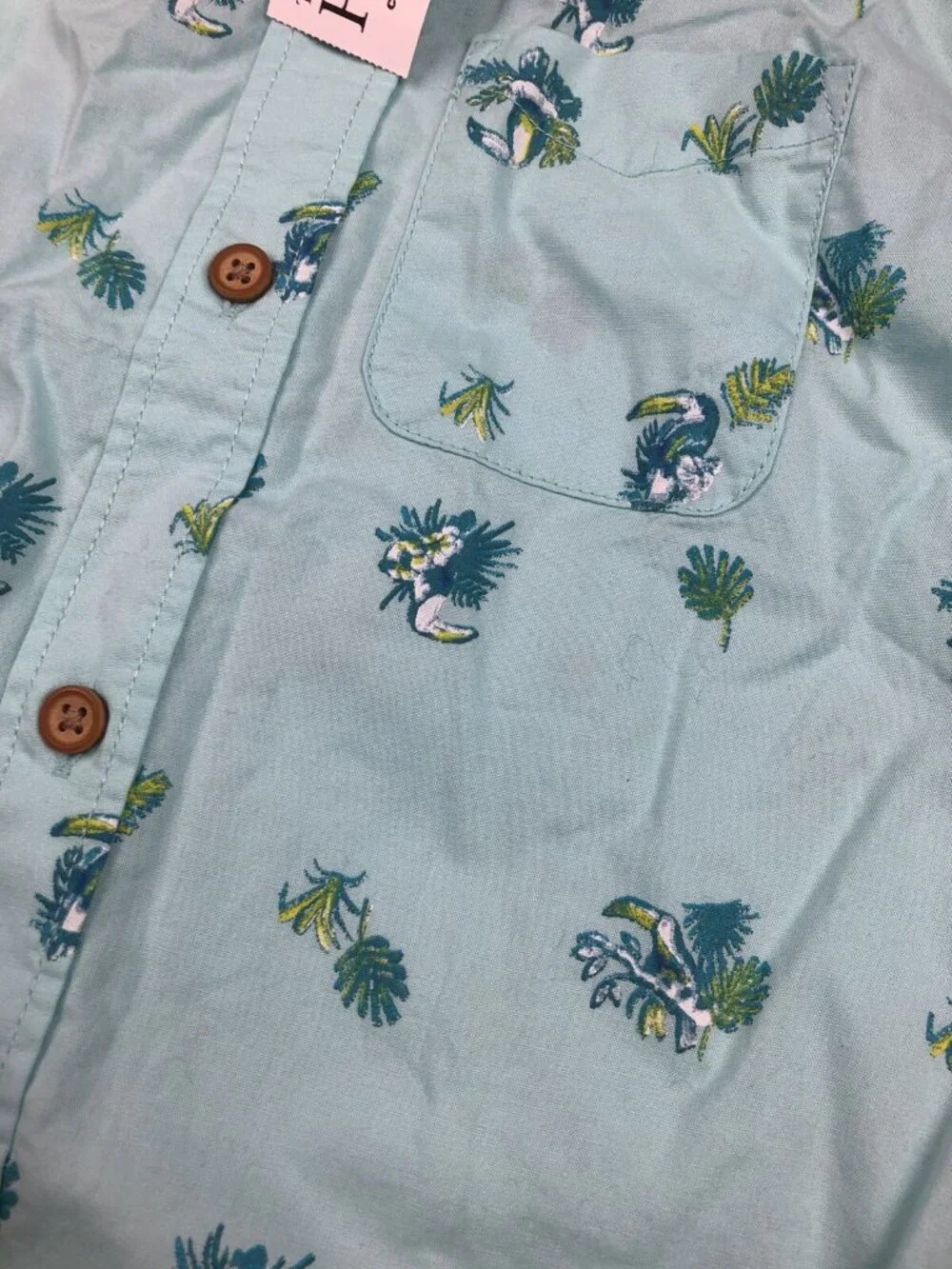 The Children’s Place Boys Size 4T (fits 4/5) Blue Aqua Button Up Shirt Parrots